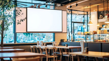 Restaurant utilizes large screen banners for effective marketing.