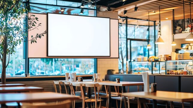 Restaurant utilizes large screen banners for effective marketing.