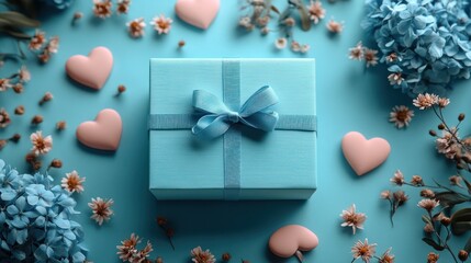 Blue gift box, floral frame, pastel hearts, flatlay, greeting card