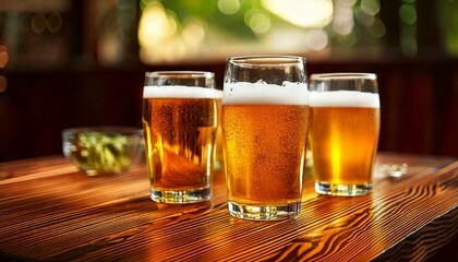 Glasses of beer on a wooden table; blurred background; selective focus
