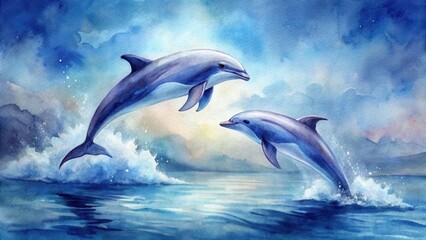 Graceful Dolphins Leaping Through Ocean Waves at Sunset, a Vibrant Watercolor Painting