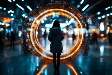 Woman standing in front of glowing portal in busy urban environment during nighttime