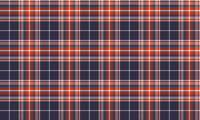 Seamless plaid pattern, navy blue, orange, white, for designing clothes, skirts, everyday wear, beautiful and striking, vector illustration.