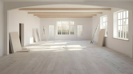 Fototapeta premium Empty Room Under Renovation Shows White Flooring, Exposed Beams, and Natural Light