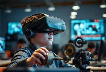 Student explores a virtual reality application while collaborating in a computer science class setting with advanced technology.