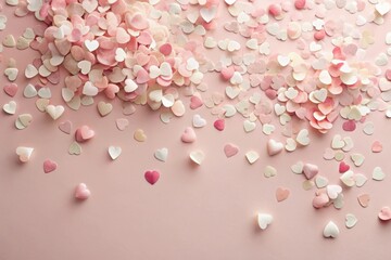 Obraz premium Pastel Pink Heart Shaped Confetti Scattered on a Soft Background, Ideal for Romantic Designs and Festive Celebrations