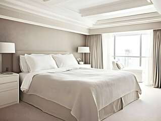Fototapeta premium Modern Bedroom Interior Design Features a Comfortable Bed, Elegant Lamps, and City View