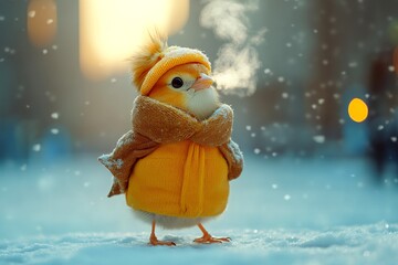 Zoo pet well-being. Humorous animals. Happy cute baby animal sparrow in winter warm clothes, winter breath from nose and mouth in freezing air. Animal welfare drive. Animal care mission.