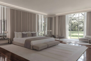 Fototapeta premium Modern Bedroom Interior Design Showcases a Luxurious and Tranquil Space with Neutral Tones and Natural Light.