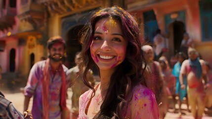 Obraz premium Young Indian woman with radiant smile celebrating Holi festival, covered in colorful powder paint during traditional spring celebration in vibrant street atmosphere.