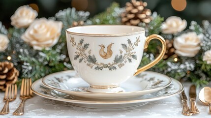 Elegant Teacup and Saucer Set with Festive Christmas Design