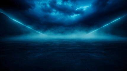 Dark Empty Room with Blue Neon Lights Illuminating a Wet Floor Under Cloudy Sky