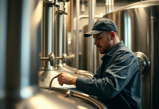 Brewery worker inspects the fermentation process in a steel vat, ensuring optimal conditions for beer production in the workshop.