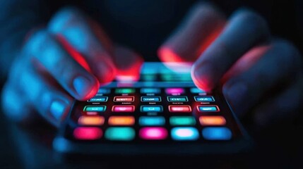 Obraz premium Digital Payments Fintech Security concept. Hands Holding Glowing Smartphone with Vibrant Multicolored Display