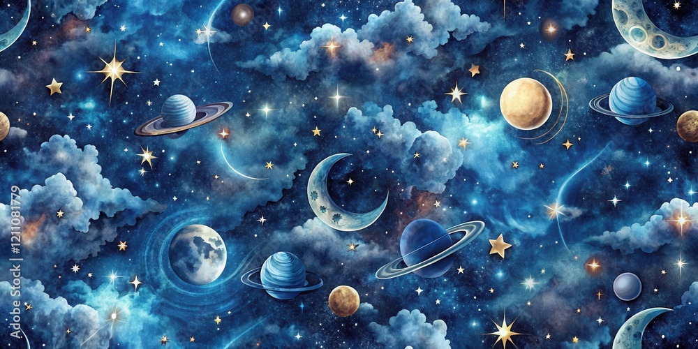 Wall mural celestial dreamscape a whimsical galaxy of planets, moons, and stars adorned with soft clouds in a d