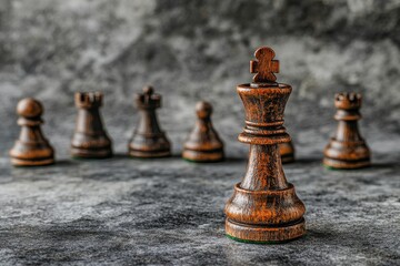 Fototapeta premium Elegant Wooden Chess Pieces on a Textured Surface, Highlighting Strategy, Competition, and Game Dynamics in a Close-Up Perspective of the Board Game