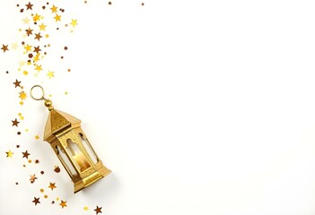 Festive Ramadan holiday composition, web banner. Golden ornamental Moroccan lantern and star shaped confetti isolated on white table background. Iftar party, Eid ul Fitr or Eid al Adha flatlay. Top.