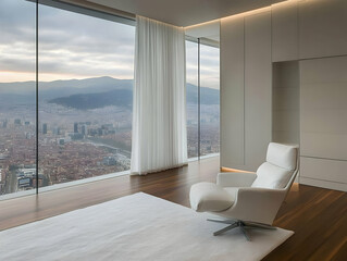 Modern Interior Design with Panoramic City View Overlooking Cityscape and Mountains from a High-Rise Apartment