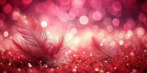 Crimson Feathers Resting on a Glittering Surface, Illuminated by Soft, Romantic Bokeh Lights