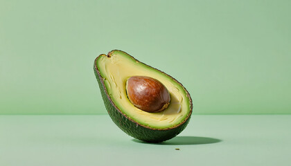 A half-eaten avocado placed on a soft, pastel green background. The avocado's creamy interior is slightly textured with bite marks, and the seed is visible. The overall style is clean and minimal