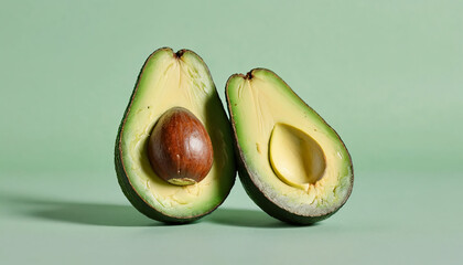 A half-eaten avocado placed on a soft, pastel green background. The avocado's creamy interior is slightly textured with bite marks, and the seed is visible. The overall style is clean and minimal