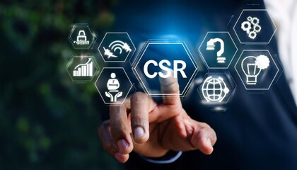 CSR concept. Corporate Social Responsibility, Businessman presents CSR related icons, sustainability, ethics, community, corporate social responsibility, social, environmental concerns in business.