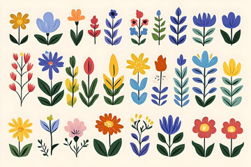 Colorful Whimsical Flowers Collection Bloom Vibrantly on a Light Background Illustration