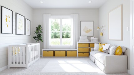 Nursery room design, yellow accents, window view, cozy atmosphere, home decor