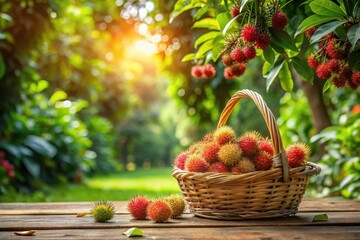A wicker basket overflowing with ripe rambutan fruit sits on a wooden surface, bathed in warm sunlight, surrounded by lush greenery and the vibrant colors of a bountiful harvest.