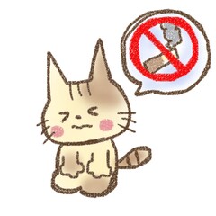 禁煙して欲しいとお願いしているミケ猫のイラスト
