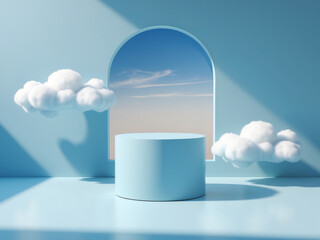 Minimalist blue podium with fluffy clouds and an arched window revealing a serene sky background.