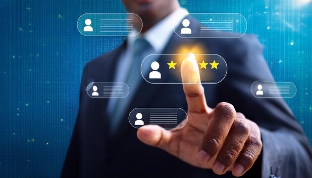 Customer feedback and review good rating concept, person in a business suit interacting with floating digital 5-star customer reviews. testimonial and testimony, user comment and feedback for review 
