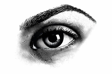 Stylized Halftone Eye Illustration with Detailed Eyelashes and Pupil on White Background