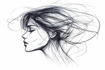 Naklejka premium Abstract Illustration of a Woman with Flowing Hair in a Dreamlike Style with Black Ink.