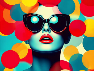 Fototapeta premium Stylish Woman Wears Sunglasses Amidst Colorful Circles, Showcasing Fashion and Vibrant Design