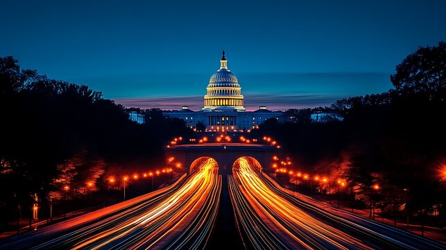 Nighttime View of the US Capitol Building with Traffic Trails