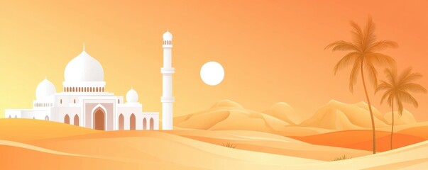 Serene Desert Mosque at Sunset: A Breathtaking Arabian Landscape