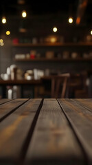 Empty Wooden Table in Blurry Cafe Background with Soft Lights Creates Cozy Ambiance.