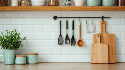 Modern Kitchen Countertop with Tools and Fresh Herbs