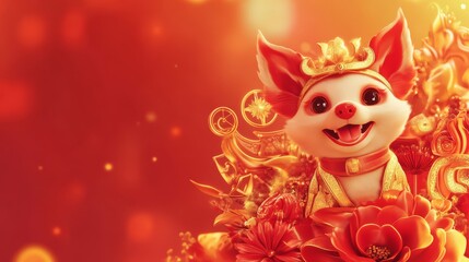 A cheerful, cartoonish animal character adorned in gold, set against a vibrant red background, symbolizing prosperity and joy.