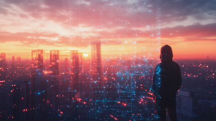 Fototapeta premium Hacker are planning to hack and attack networks and cyber security systems.Smart digital city with connection Innovation network reciprocity over the cityscape