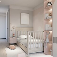 modern contemporary kids bedroom in pastel color with mockup poster and decorations. 3d illustration