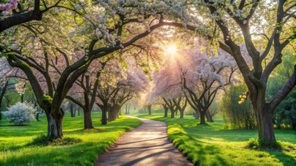 Serene Pathway Through Blossoming Trees at Dawn, bathed in golden sunlight creating a magical ambiance