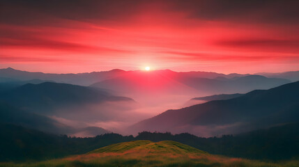 Fototapeta premium Vibrant sunrise illuminates misty mountain valley with a red sky and grassy foreground