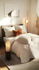 Modern Minimalist Bedroom Interior Design Showcases a Cozy Bed with Textured Pillows and Warm Lighting.