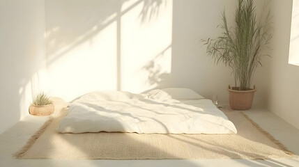 Minimalist bedroom interior with bed and plants basking in warm sunlight, creating a serene ambiance.