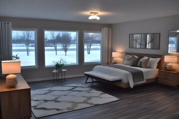 Fototapeta premium Modern Bedroom Interior Design Showcases a Cozy Ambiance with Stylish Furnishings and Winter View.
