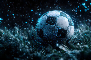 Fototapeta premium A vibrant 3D soccer ball, resembling a glowing planet, soars through the night sky, ready for the global game