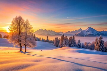 Serene Winter Sunrise in a Snowy Mountain Valley with Frost-Covered Trees and Golden Light