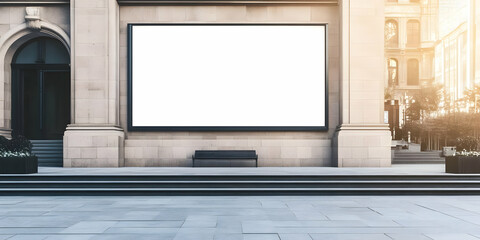 Blank billboard on building facade with bench displays advertisements effectively in urban setting.